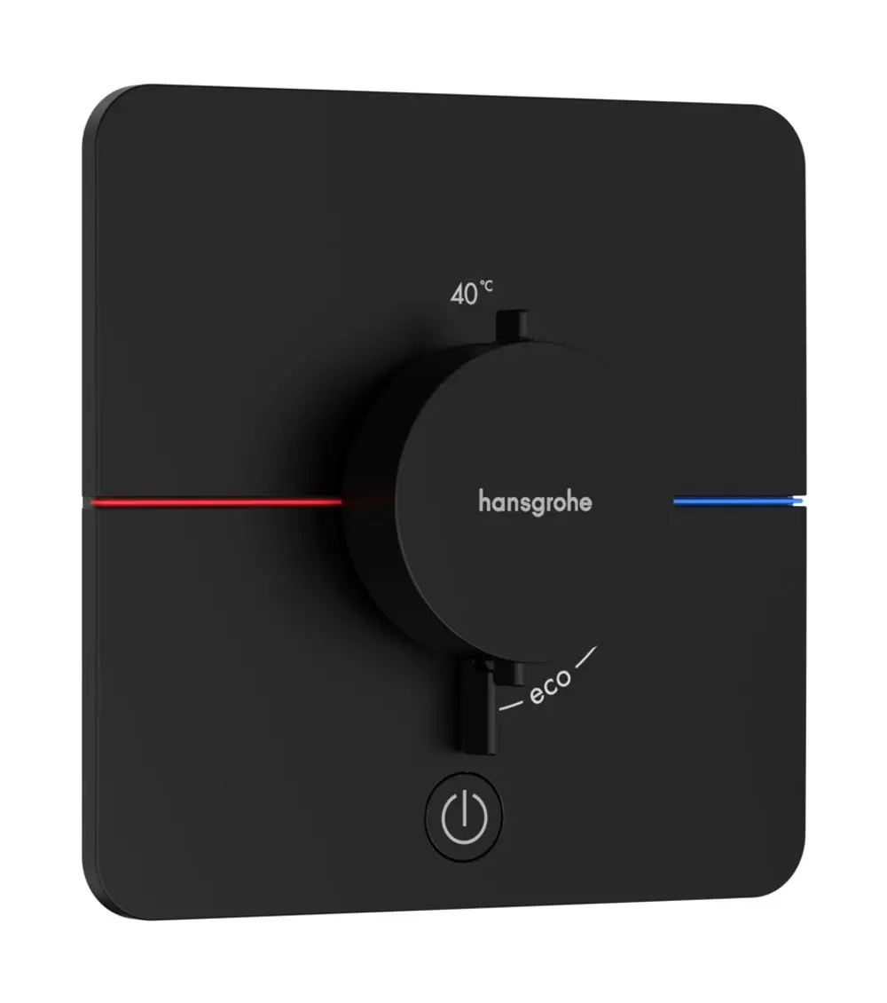 Schwarzes Thermostat von Hansgrohe mit einem Drehregler zur Temperatureinstellung, Hinweis auf 40 °C, ECO-Funktion und einem Ein-/Ausschalter.